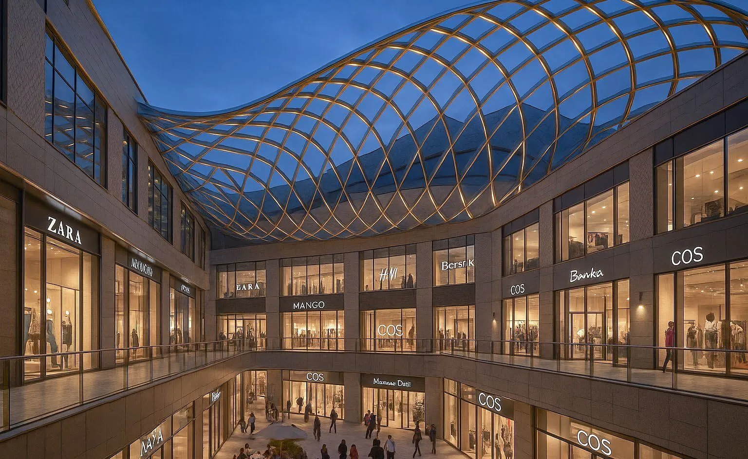 Commercial mall atrium under a woven lattice roof at dusk, Saudi Arabia